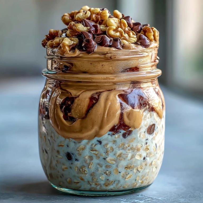 Wholesome Protein Cookie Dough Overnight Oats layered with creamy peanut butter swirls.