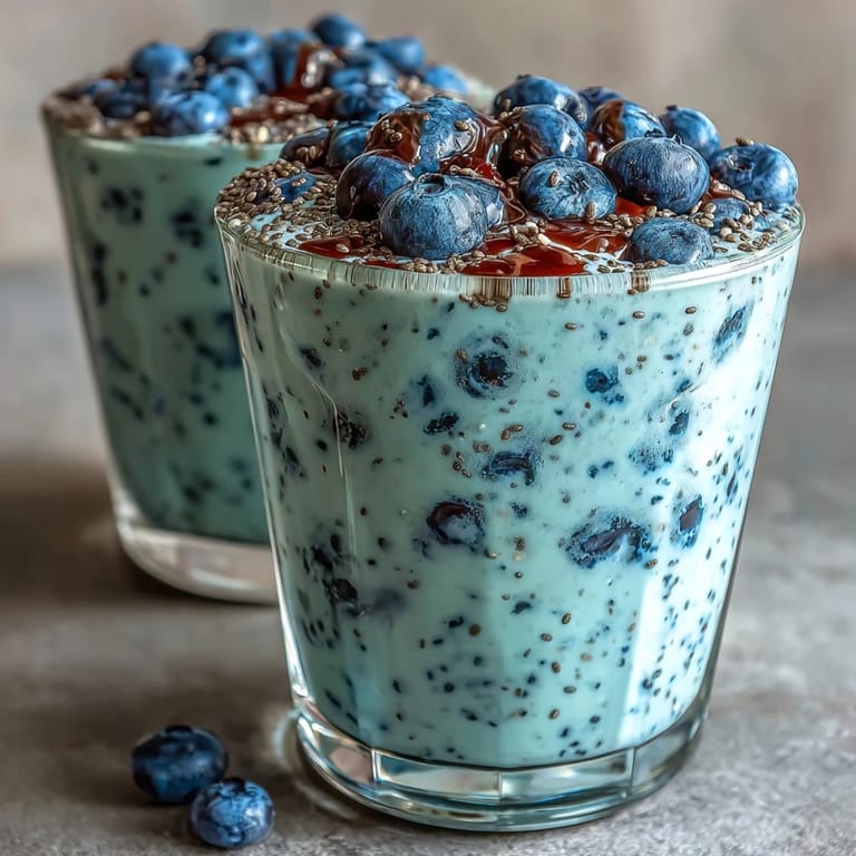 Visually appealing probiotic smoothie with blueberries and flaxseed, perfectly blended for breakfast.