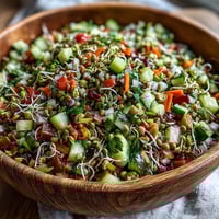 A close-up of a vibrant Sprouted Seed Salad with mung bean, alfalfa, and radish sprouts mixed with crisp cucumber, tomato, and bell pepper.