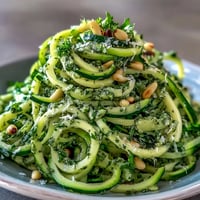 Spiralized zucchini noodles tossed with homemade basil pesto in a white bowl, garnished with Parmesan and fresh basil.
