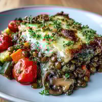 A close-up of golden-brown Green Lentil and Vegetable Casserole fresh from the oven, topped with melted cheese and fresh parsley.