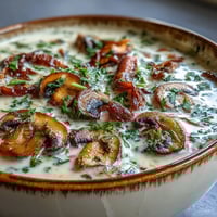A bowl of creamy mushroom soup garnished with fresh parsley, served alongside crusty artisan bread for dipping.