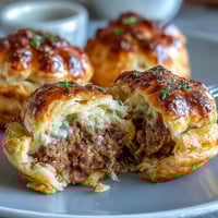 Golden, flaky mini beef tourtières arranged on a rustic board, their crimped edges and steam vents hinting at a savory spiced filling inside.