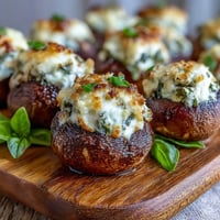 Golden-baked Stuffed Asiago-Basil Mushrooms with melted cheese and fresh green herbs on a rustic wooden platter.