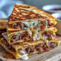 Golden-brown Cheesy Griddled Smashburger Quesadilla wedges are plated with fresh cilantro and a side of zesty salsa.