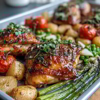 Healthy Easy Sheet Pan Chicken with Spring Veggies - juicy chicken breasts and vibrant seasonal vegetables roasted to perfection on a single pan.  