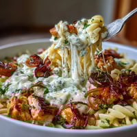 A steaming bowl of One-Pot French Onion Chicken Pasta with melted Gruyère cheese and caramelized onions.