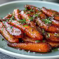 Honey Glazed Roasted Carrots with Thyme—golden, tender carrots glistening with honey and fresh thyme, perfect for festive holiday dinners.