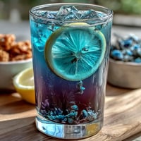 Vibrant butterfly pea flower lemonade with blue to purple color change in tall glass with lemon slices and ice.