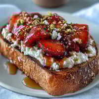 Vibrant strawberry honey ricotta toast with crunchy pistachios and fresh mint.