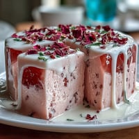 Vibrant Strawberry Rose Gelatin Mosaic Cake, sparkling with creamy, sweet bites.