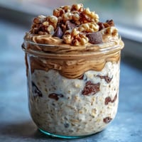 Creamy Protein Cookie Dough Overnight Oats topped with melting chocolate chips.